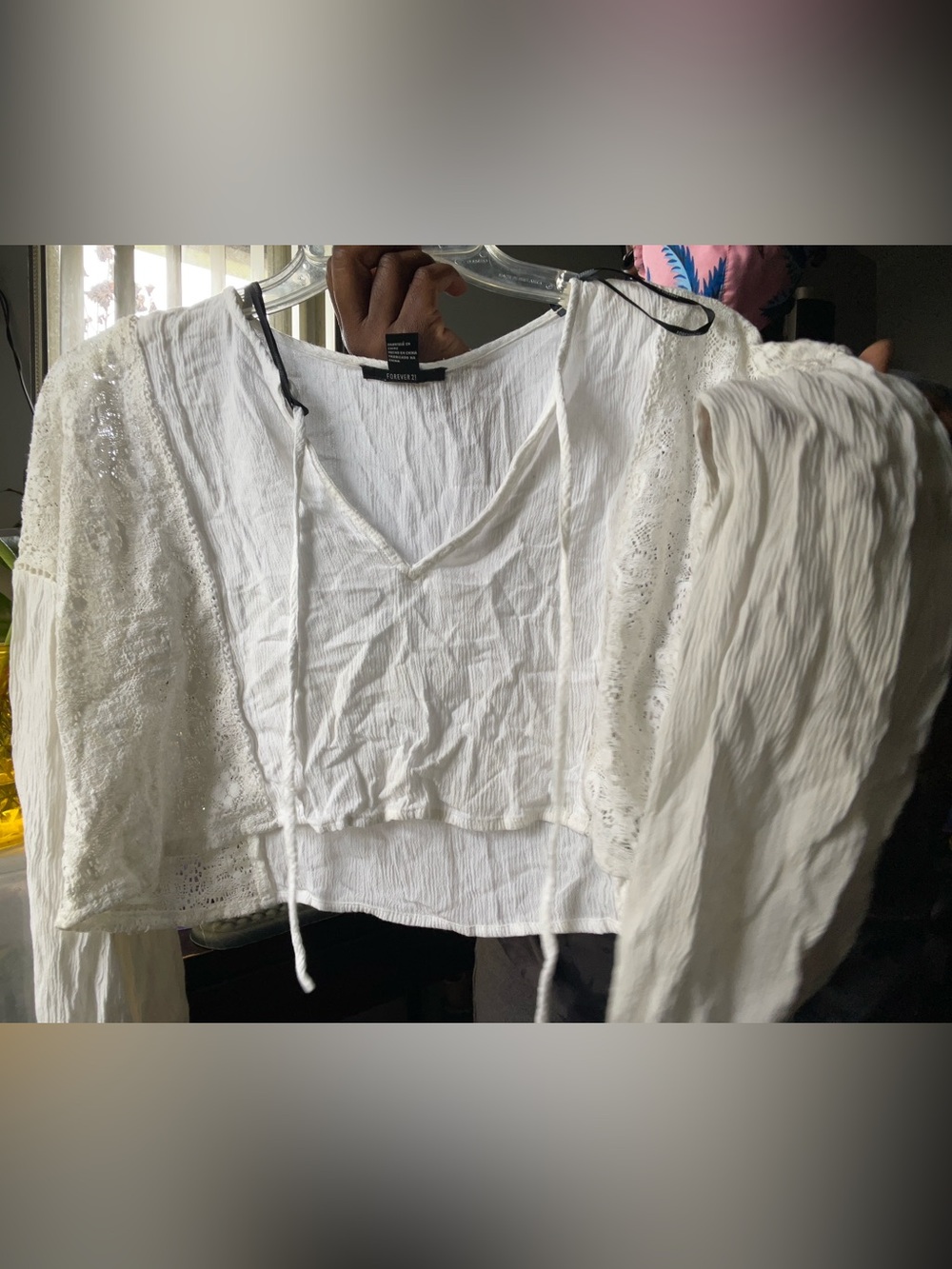 Forever 21 White Cropped Peasant Top with Lace Sleeves